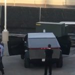 Elon Musk inspecting Tesla Cybertruck prior to filming segment for Jay Leno's Garage behind SpaceX HQ in Hawthorne, CA