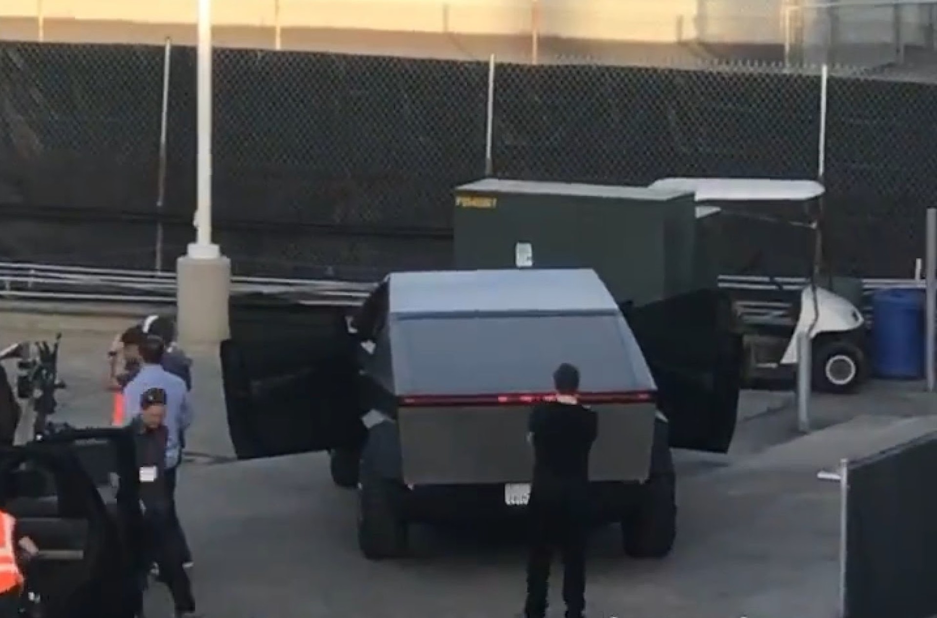 Elon Musk inspecting Tesla Cybertruck prior to filming segment for Jay Leno’s Garage behind SpaceX HQ in Hawthorne, CA