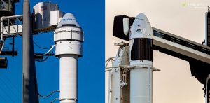 Boeing's Starliner and SpaceX's Crew Dragon spacecraft stand vertical at their respective launch pads in December 2019 and January 2020. Crew Dragon has now performed two successful full-up launches to Starliner's lone partial failure. (Richard Angle)
