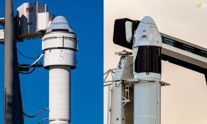 Boeing's Starliner and SpaceX's Crew Dragon spacecraft stand vertical at their respective launch pads in December 2019 and January 2020. Crew Dragon has now performed two successful full-up launches to Starliner's lone partial failure. (Richard Angle)