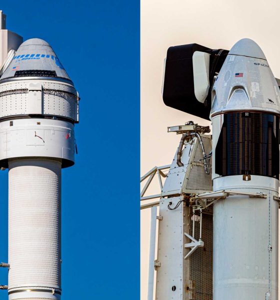 Boeing's Starliner and SpaceX's Crew Dragon spacecraft stand vertical at their respective launch pads in December 2019 and January 2020. Crew Dragon has now performed two successful full-up launches to Starliner's lone partial failure. (Richard Angle)