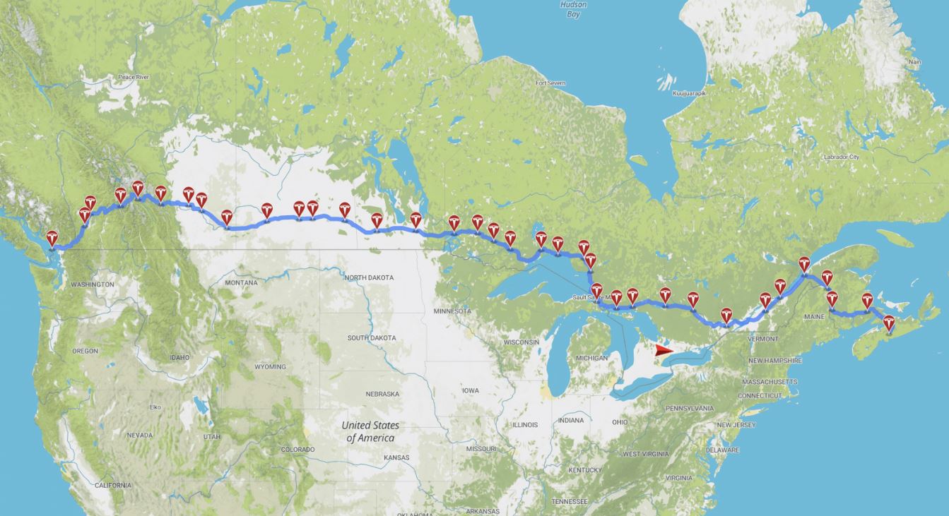 Tesla Trans-Canada Supercharger route 