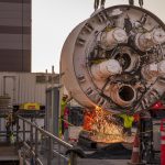 Workers cut the storage rack from the base of the drill head as the Boring Company prepares to lower the drill head for the People Mover tunnel which will connect convention halls as part of the LVCCD Phase 2 construction in the Red Lot east of the south Hall at the Las Vegas Convention center on Monday, Oct. 28, 2019. (Mark Damon/Las Vegas News Bureau)