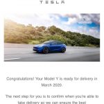 Tesla Model Y delivery email (Howard Feinstein via Facebook)