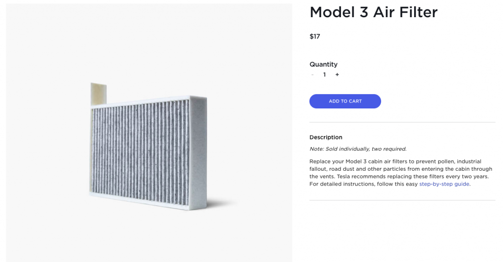 Tesla adds Model 3 Cabin Air Filter to online shop