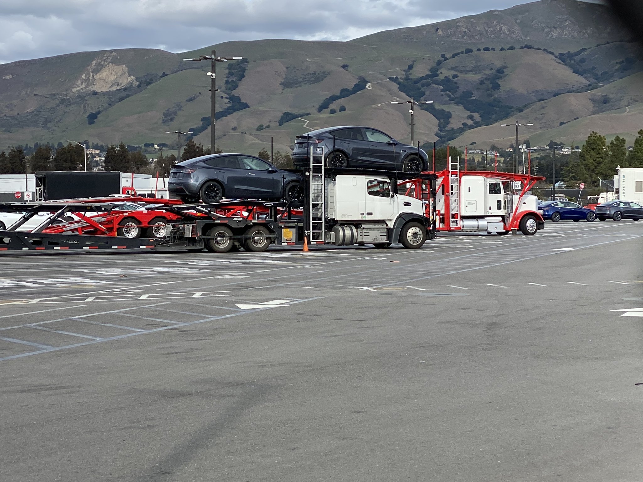 Tesla Model Y being loaded onto car carriers at the Fremont factory
