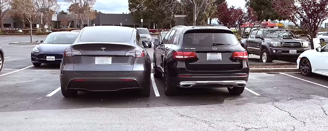 Tesla Model Y side-by-side with Mercedes SUV highlights