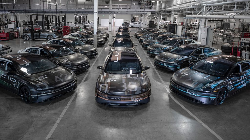 Lucid Air prototypes sit in the company's Headquarters in Silicon Valley. (Credit: Lucid Motors)