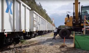 Tesla's trains at the Giga Berlin site. The trains will transport gravel to the site, allowing for the installation of temporary construction roads.