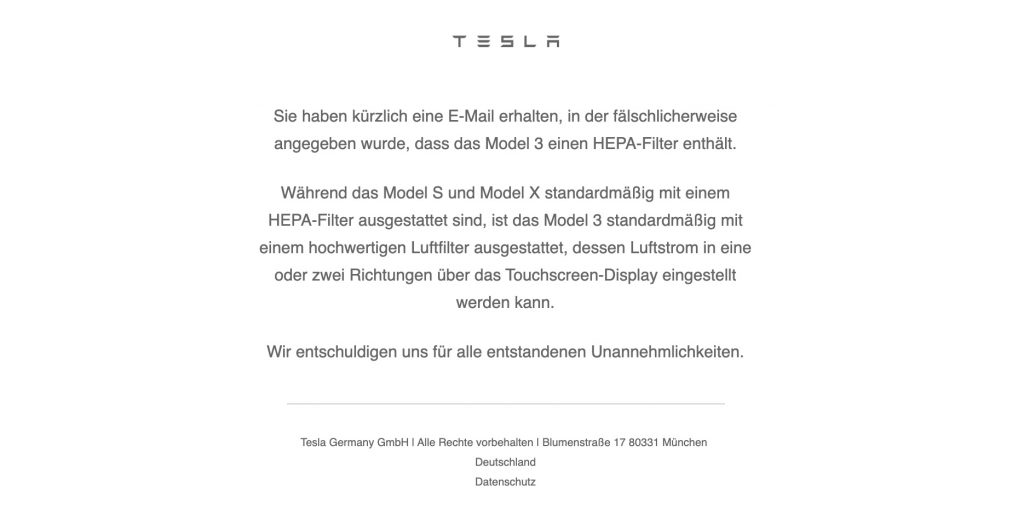 UPDATE: Tesla Model 3 HEPA filter referenced in German leasing update