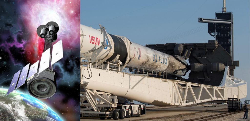 يتم نشر صاروخ SpaceX Falcon 9 على منصة الإطلاق باستخدام تلسكوب ناسا للأشعة السينية