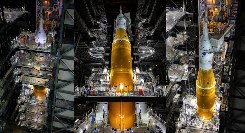 NASA의 SLS Moon 로켓은 발사대로 첫 비행을 거의 준비하고 있습니다.