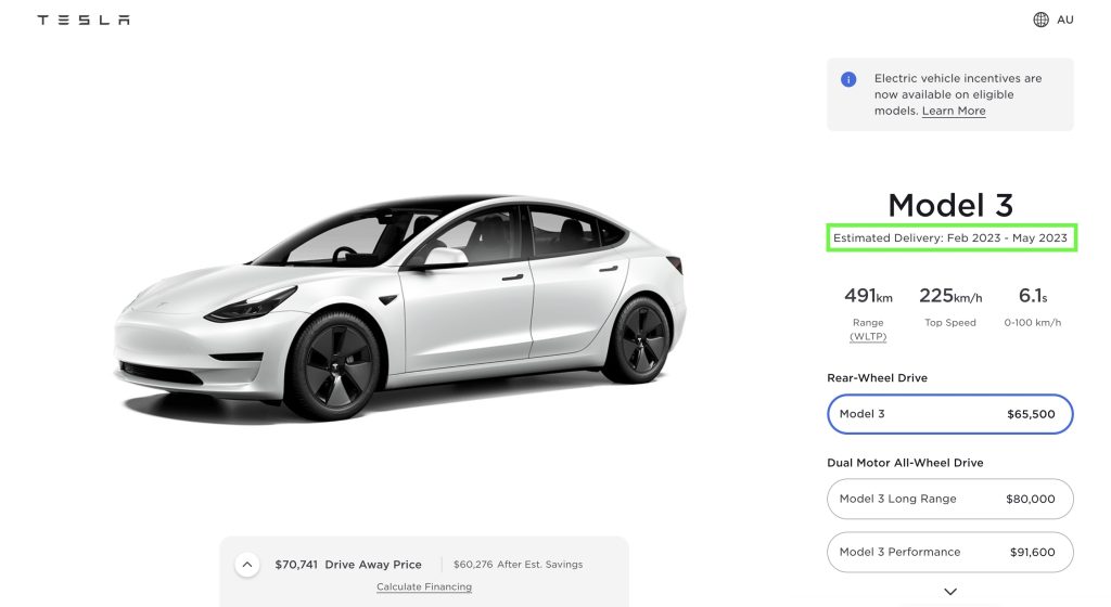 Tesla Model 3 delivery estimates in Australia decrease