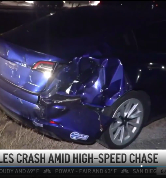 Crazy high-speed police chase crash involving 6 SDPD vehicles & a bystander's Tesla