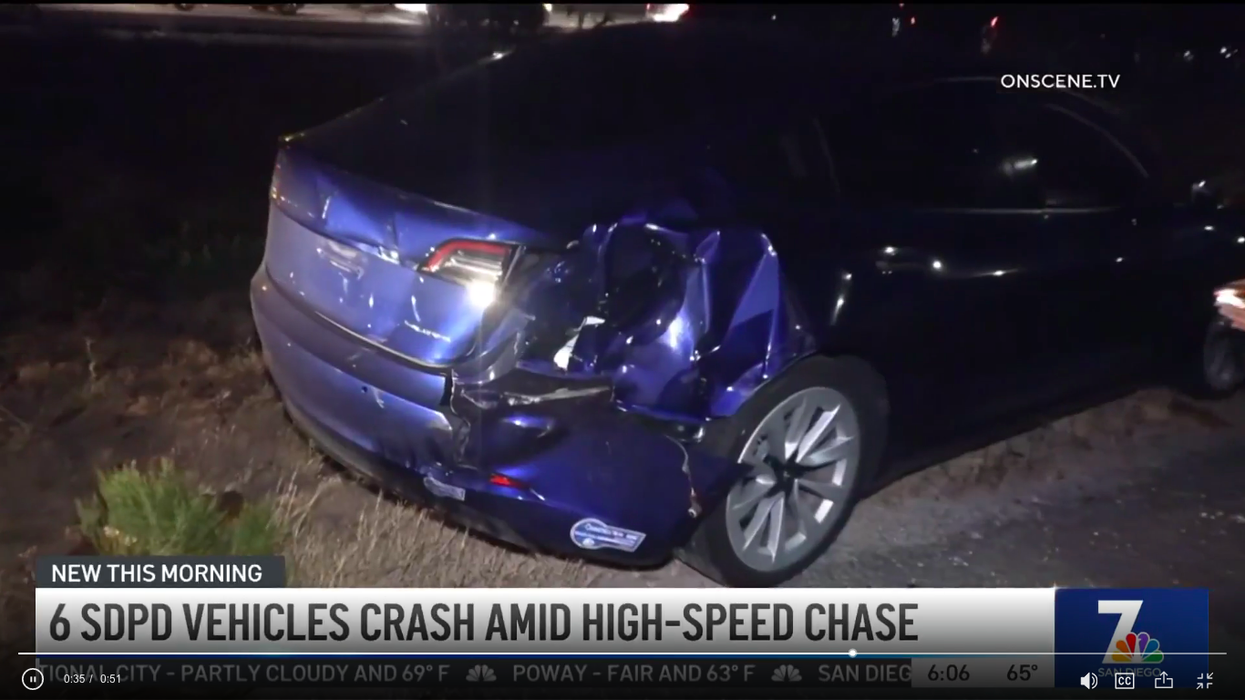 Crazy high-speed police chase crash involving 6 SDPD vehicles & a bystander's Tesla