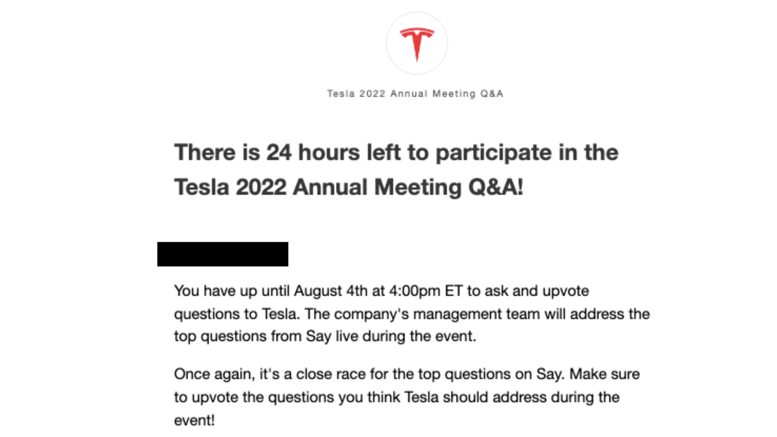 Tesla shareholders have less than 24 hours left to participate in the Q&A