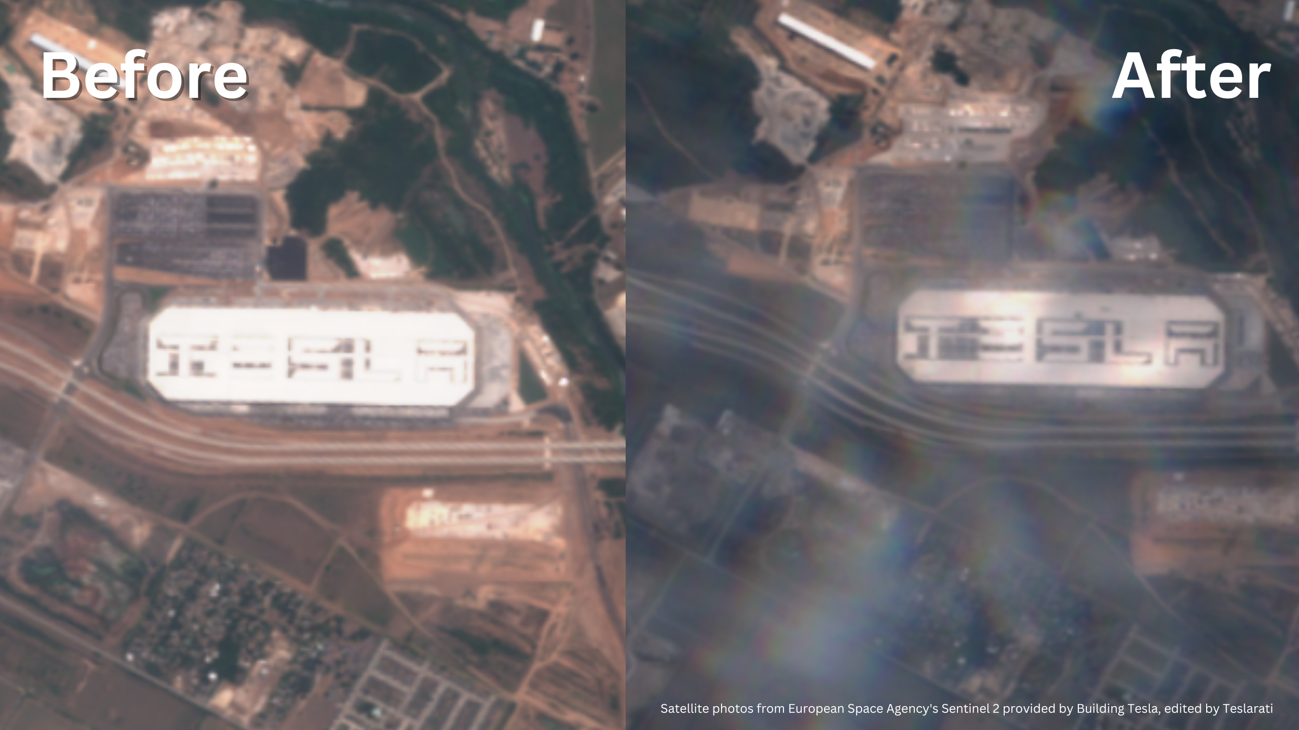 Before & After photos of Tesla's Giga Texas solar roof as seen from space