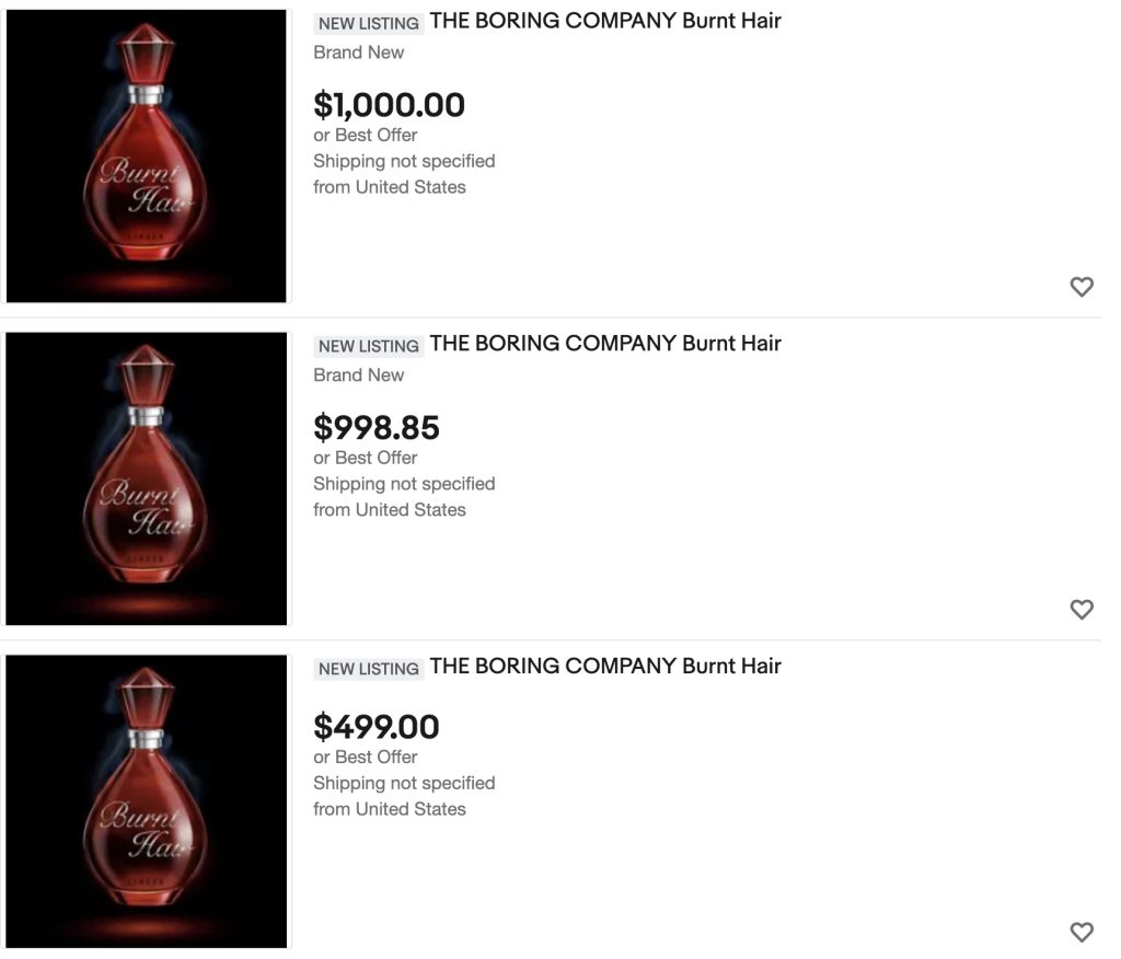 The Boring Company 'Burnt Hair' perfume sells for 10x the price on eBay