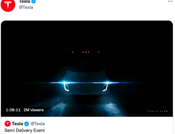 2 million people watched the Tesla Semi Delivery event on Twitter 2