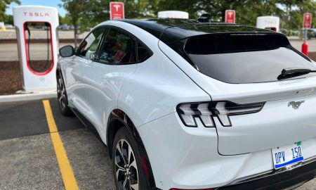 ford mustang mach-e at tesla supercharger
