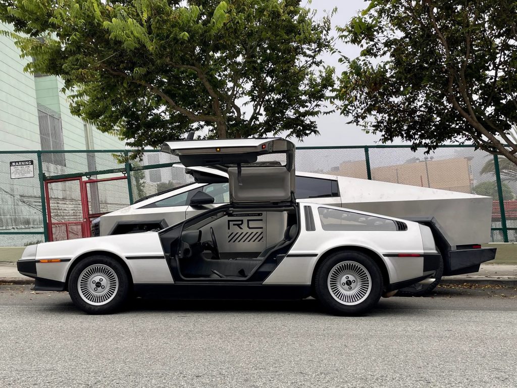 Tesla Cybertruck pictured subsequent to DeLorean DMC-12
