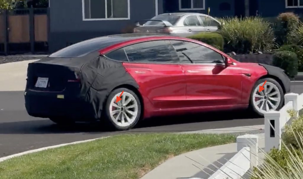 Apparent Tesla Model 3 Highland Performance with red brake calipers spotted  in the wild