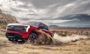 A red Ford F-150 Lightning