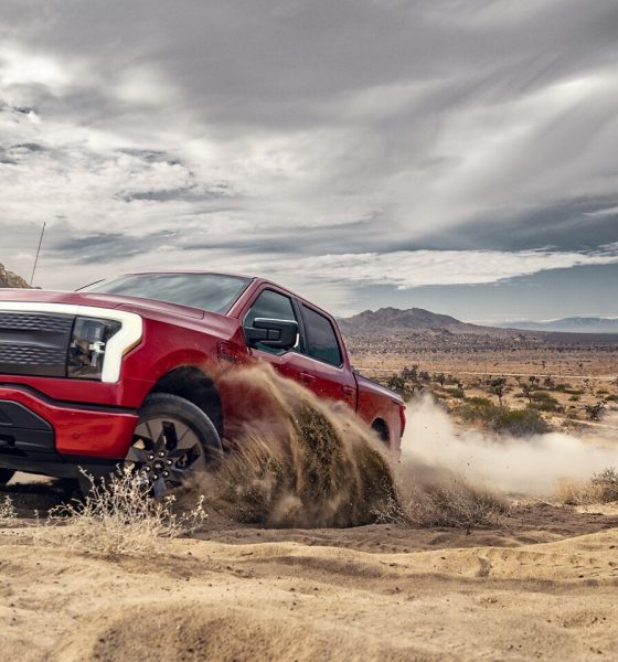 A red Ford F-150 Lightning