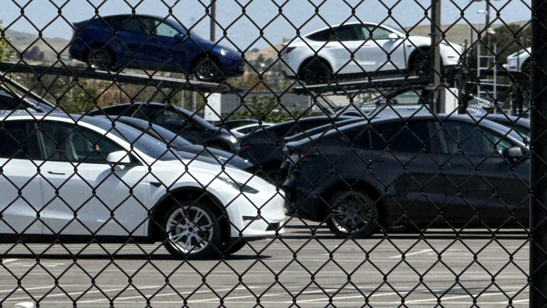 Tesla Model Y units with black Gemini wheels seen leaving Fremont factory