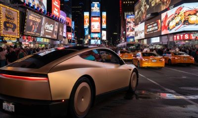 Tesla Cybercab in NYC Time Square rendering via Grok