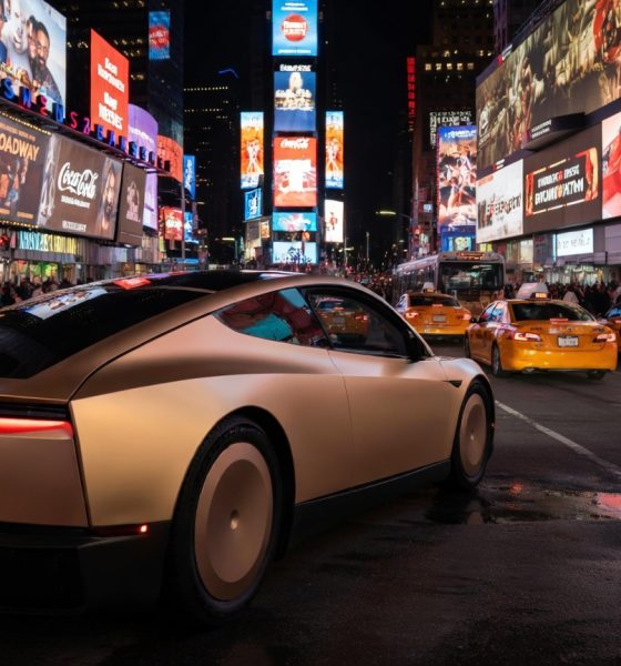 Tesla Cybercab in NYC Time Square rendering via Grok