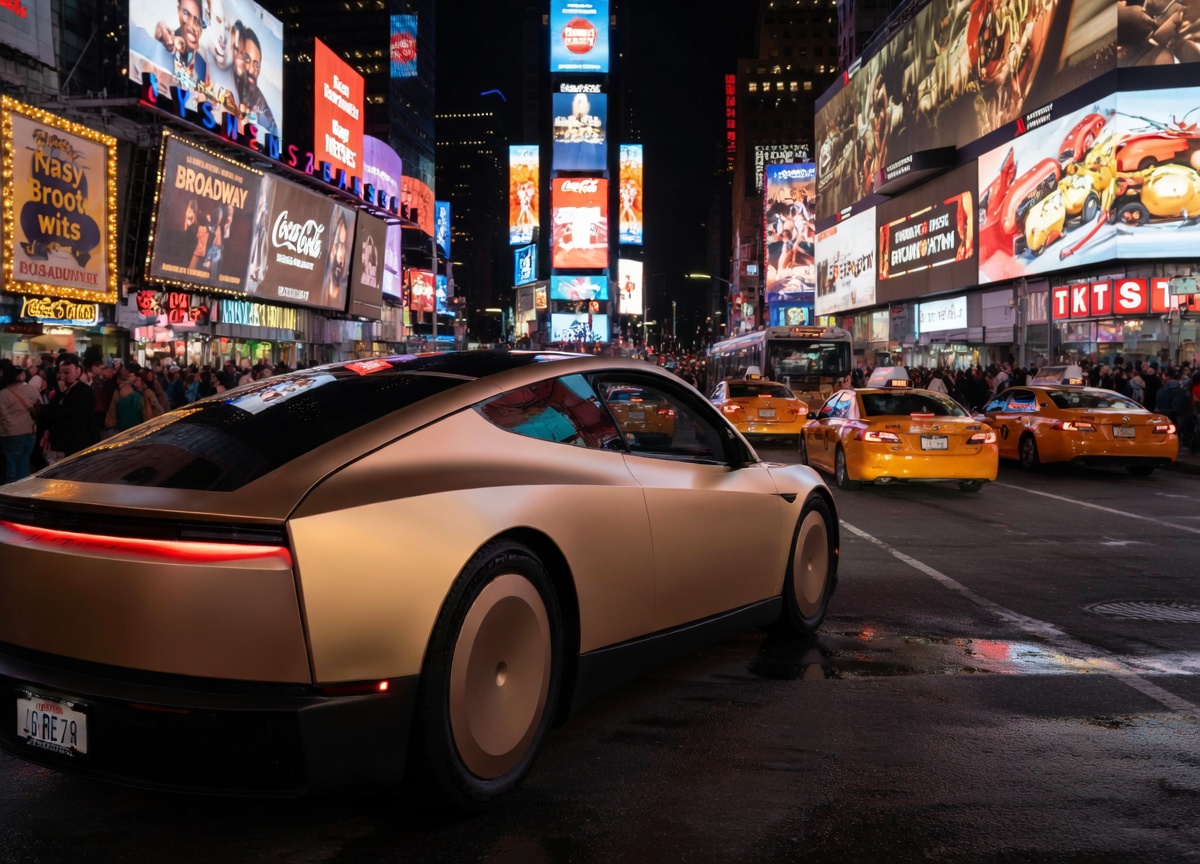 Tesla Cybercab in NYC Time Square rendering via Grok