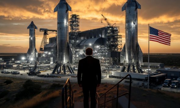 Rendering of Elon Musk overlooking a Starship fleet (Credit: Grok)