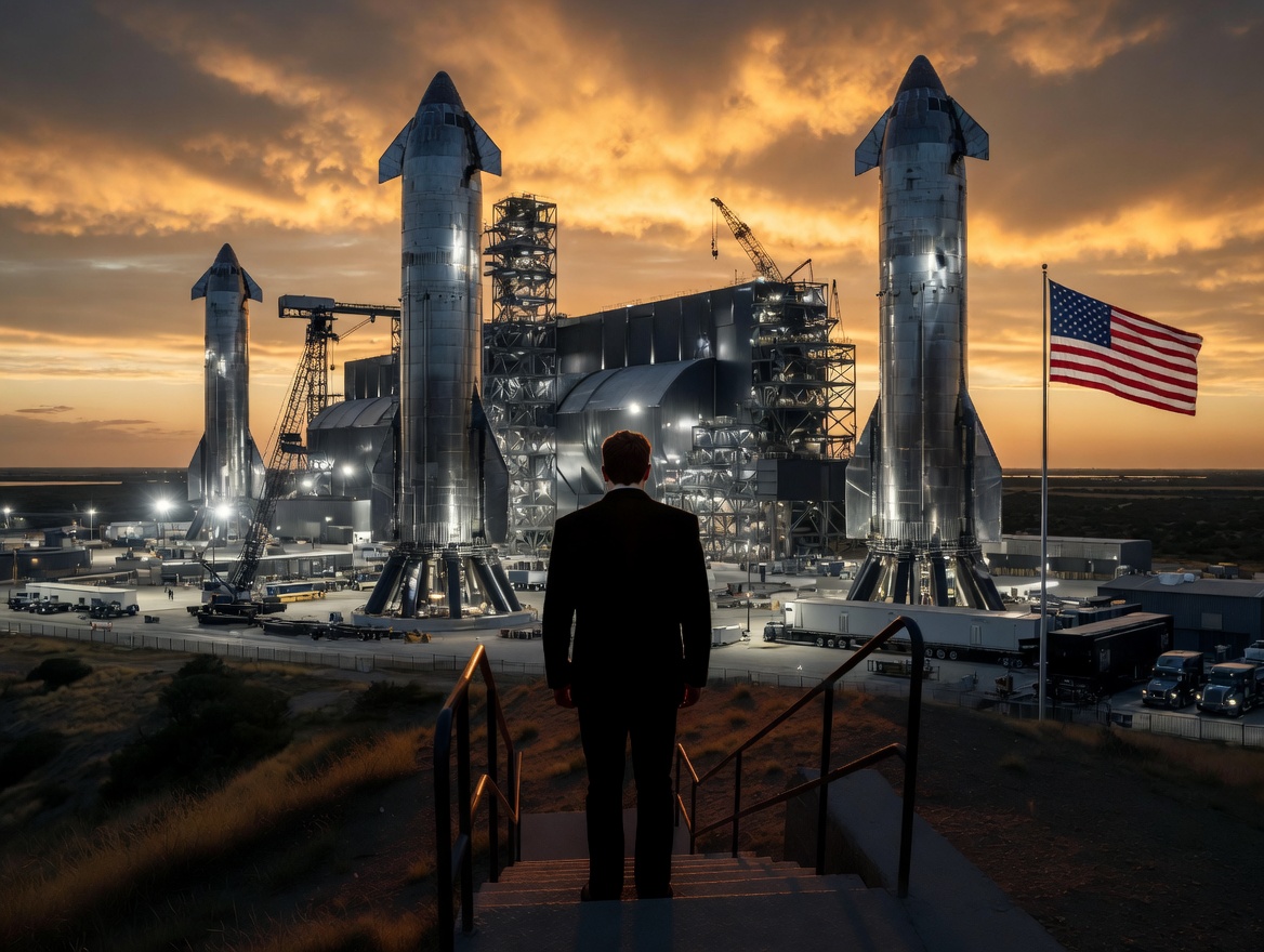 Rendering of Elon Musk overlooking a Starship fleet (Credit: Grok)
