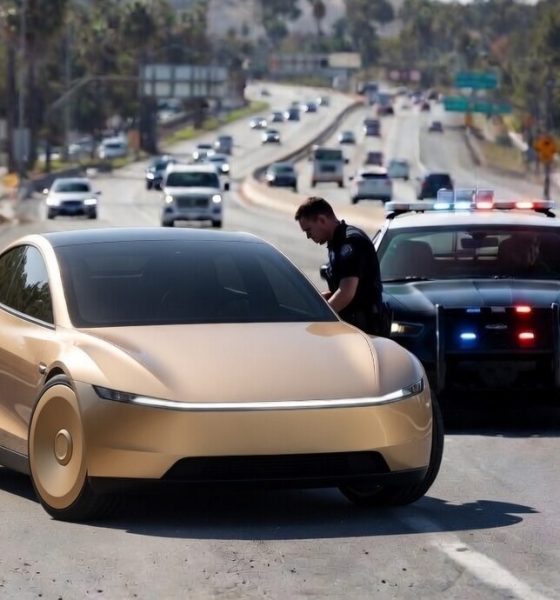 Concept rendering of Tesla Cybercab being cited by CA Highway Patrol (Credit: Grok)