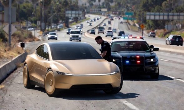 Concept rendering of Tesla Cybercab being cited by CA Highway Patrol (Credit: Grok)