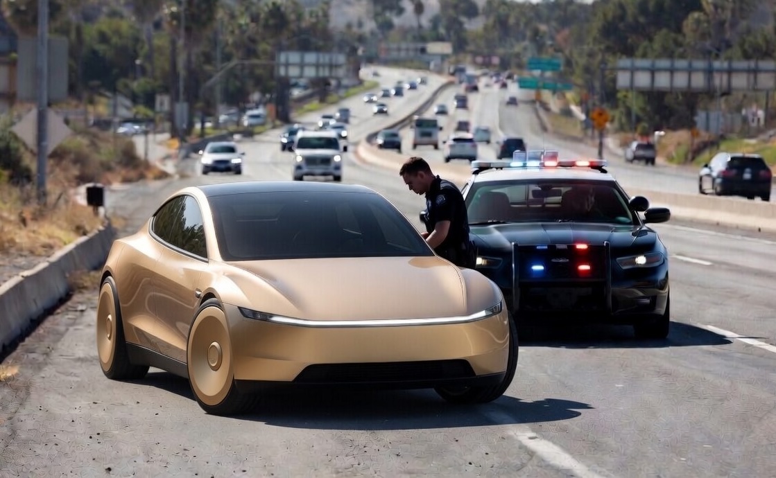 Concept rendering of Tesla Cybercab being cited by CA Highway Patrol (Credit: Grok)