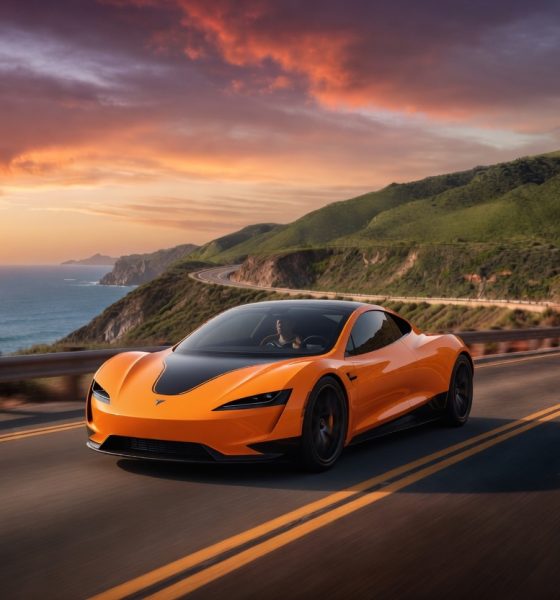 Tesla Roadster driving along sunset cliff (Credit: Grok)