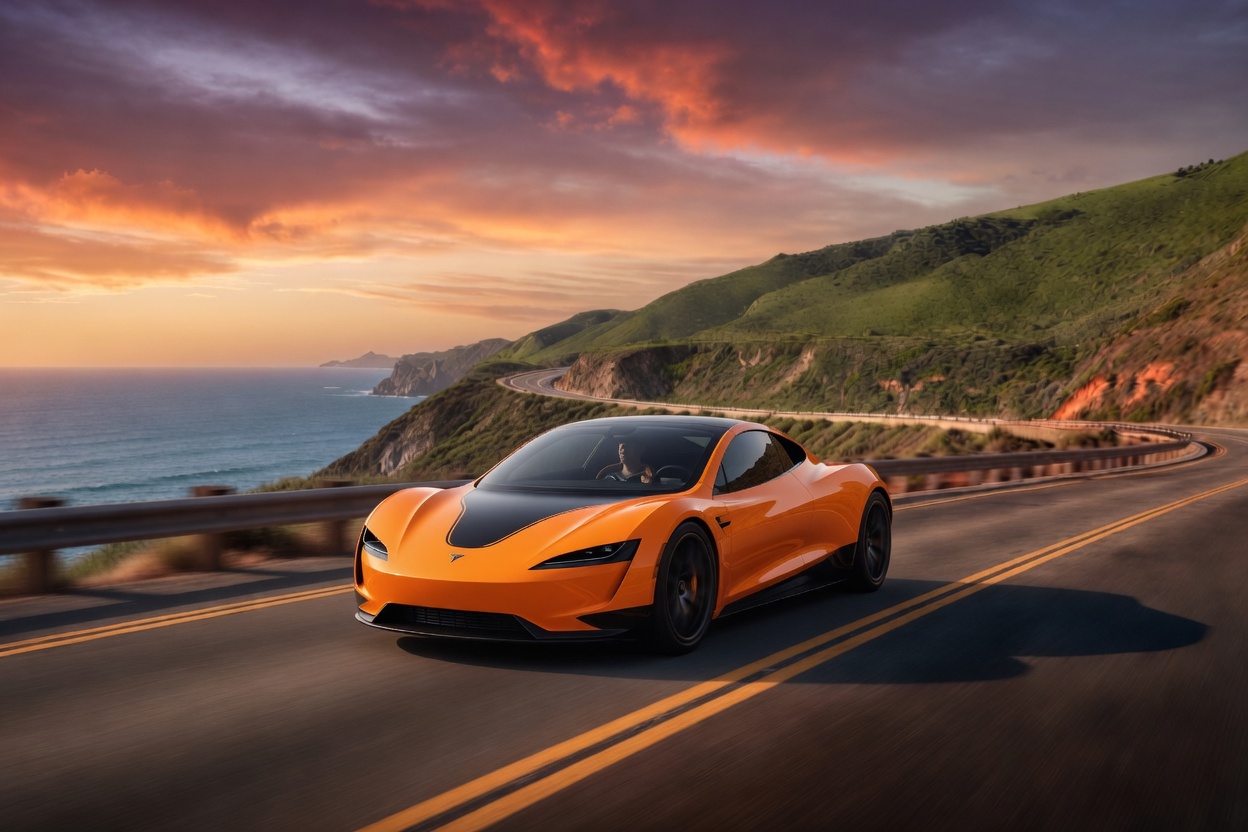 Tesla Roadster driving along sunset cliff (Credit: Grok)