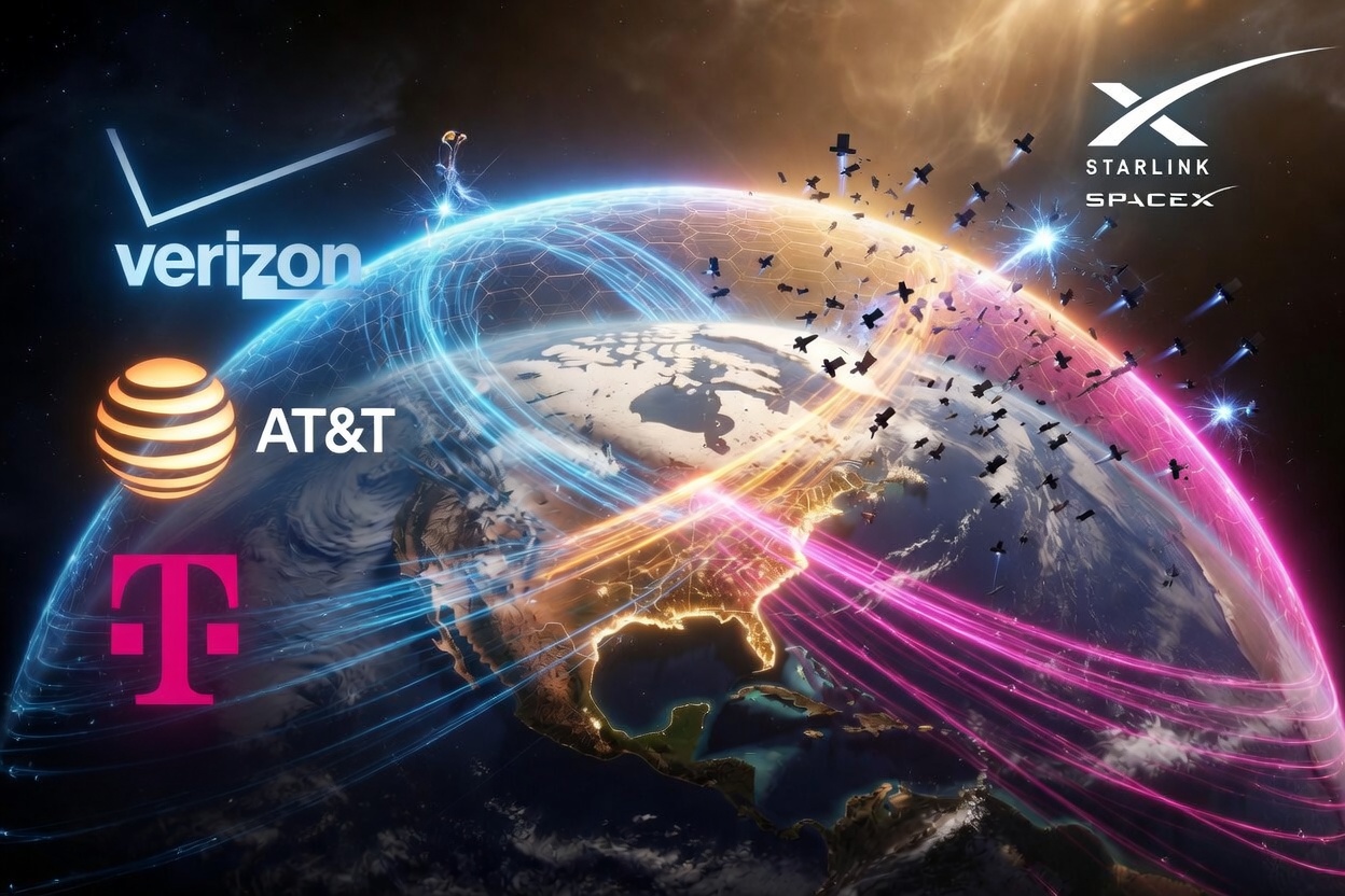 Starlink D2D direct to device vs Verizon, AT&T (Concept render by Grok)