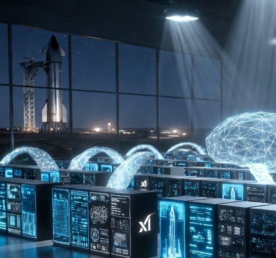 Artistic concept rendering of SpaceX data being incorporated into a Grok AI model