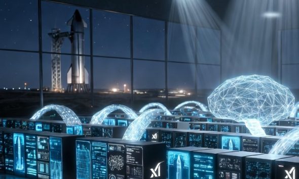 Artistic concept rendering of SpaceX data being incorporated into a Grok AI model