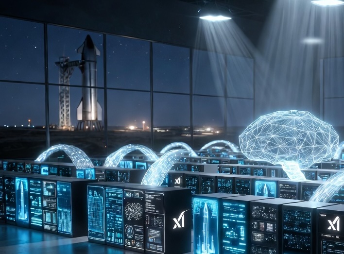 Artistic concept rendering of SpaceX data being incorporated into a Grok AI model
