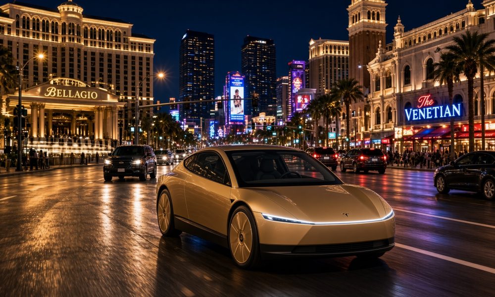 Concept art of a Tesla Cybercab in Las Vegas Strip as rendered via Grok