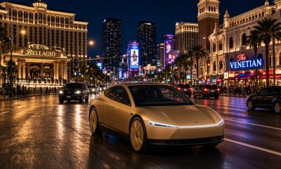 Concept art of a Tesla Cybercab in Las Vegas Strip as rendered via Grok