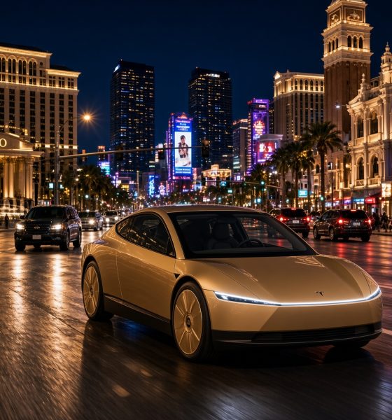 Concept art of a Tesla Cybercab in Las Vegas Strip as rendered via Grok