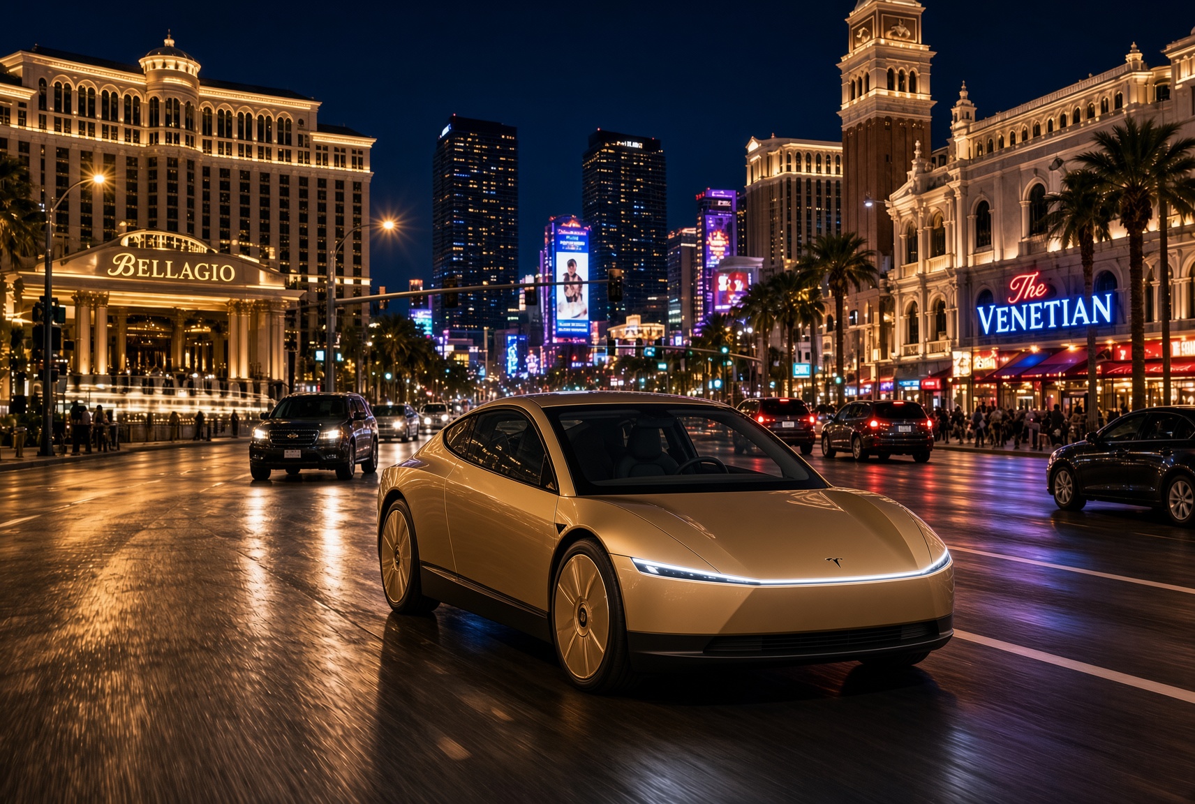 Concept art of a Tesla Cybercab in Las Vegas Strip as rendered via Grok