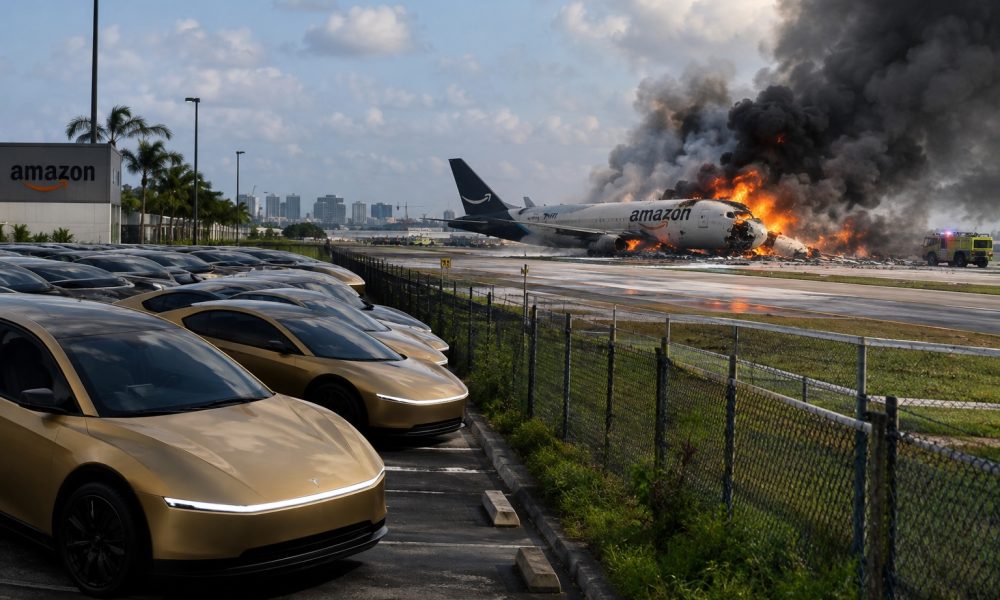 Photorealistic depiction of the Amazon Prime plane crash in Miami on Sep 3, 2026 near a fleet of Tesla Cybercab