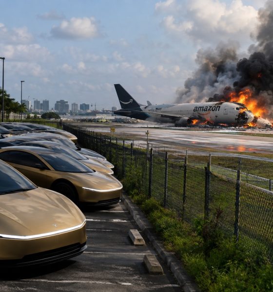 Photorealistic depiction of the Amazon Prime plane crash in Miami on Sep 3, 2026 near a fleet of Tesla Cybercab