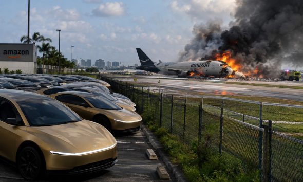 Photorealistic depiction of the Amazon Prime plane crash in Miami on Sep 3, 2026 near a fleet of Tesla Cybercab
